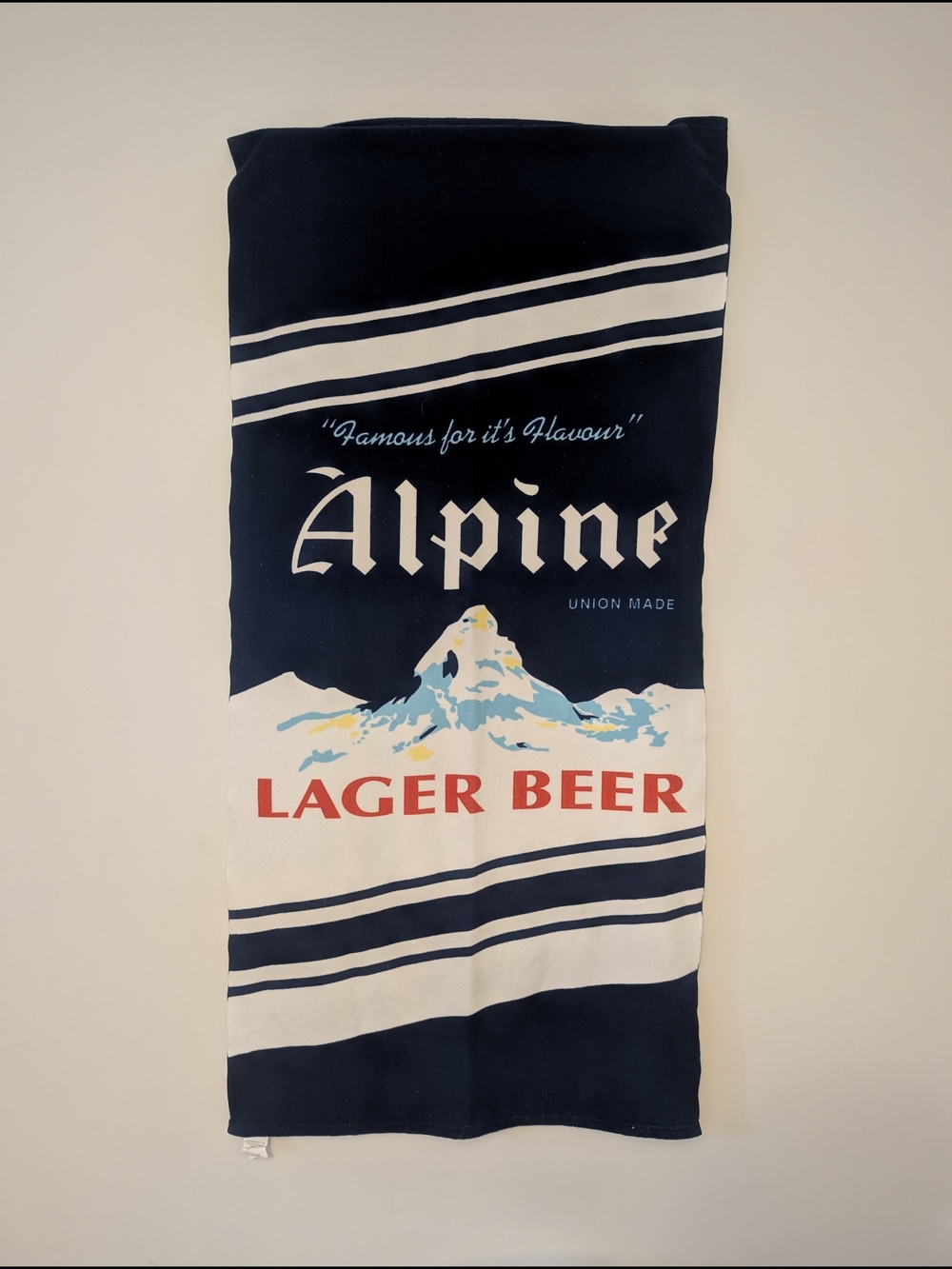 Alpine Lager Beer Vintage-Style Navy & White Beach Towel 🏔️🍻